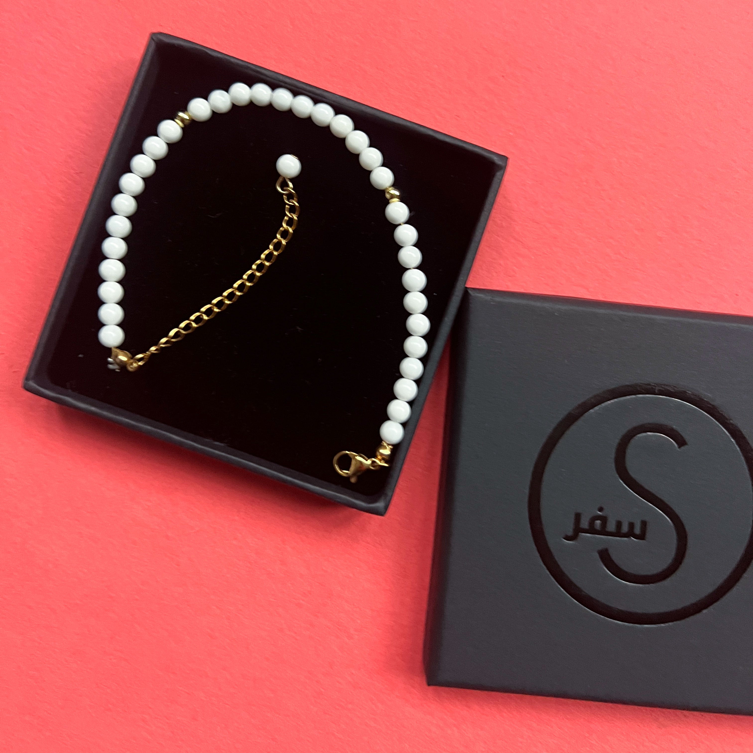 New Small Lightweight White Pine stone and gold 33 Bead Tasbih Bracelet by Safar London